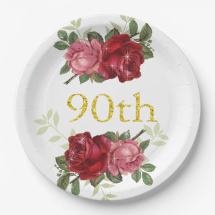 90th Birthday, Elegant, Red Vintage Roses, Custom Paper Plates