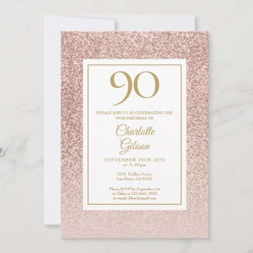 90th Birthday Elegant Rose Gold Glitter Invitation