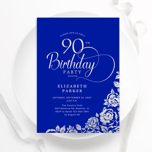 90th Birthday Elegant Royal Blue Silver Roses