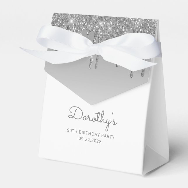 90th Birthday Elegant Silver Glitter Drip Script Favor Boxes (Front Side)
