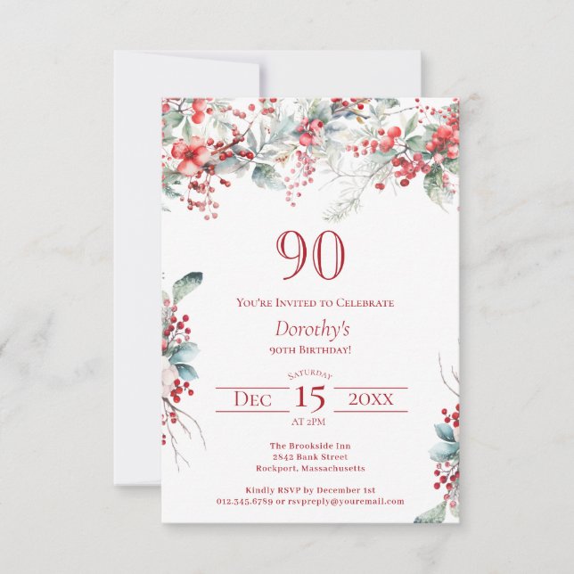 90th Birthday Elegant Winter Berry Botanical Invitation (Front)