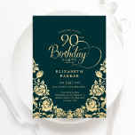 90th Birthday Emerald Green Gold Roses Invitation<br><div class="desc">Emerald green gold elegant 90th birthday party invitation. Classy design featuring roses,  faux gold foil and typography script font. Trendy invite card perfect for a stylish female bday celebration. Personalize with your own details. Can be customized to any age. Printed Zazzle invitations or instant download digital printable template.</div>