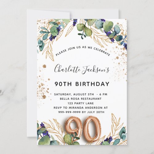 90th birthday eucalyptus greenery glitter elegant invitation