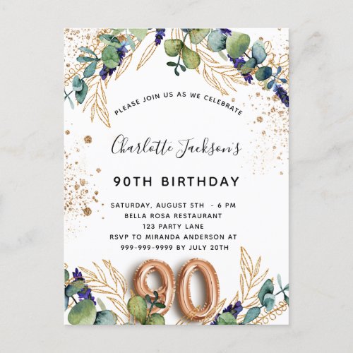 90th birthday eucalyptus greenery glitter elegant invitation postcard
