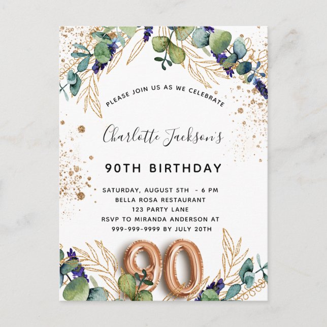 90th birthday eucalyptus greenery glitter elegant invitation postcard (Front)