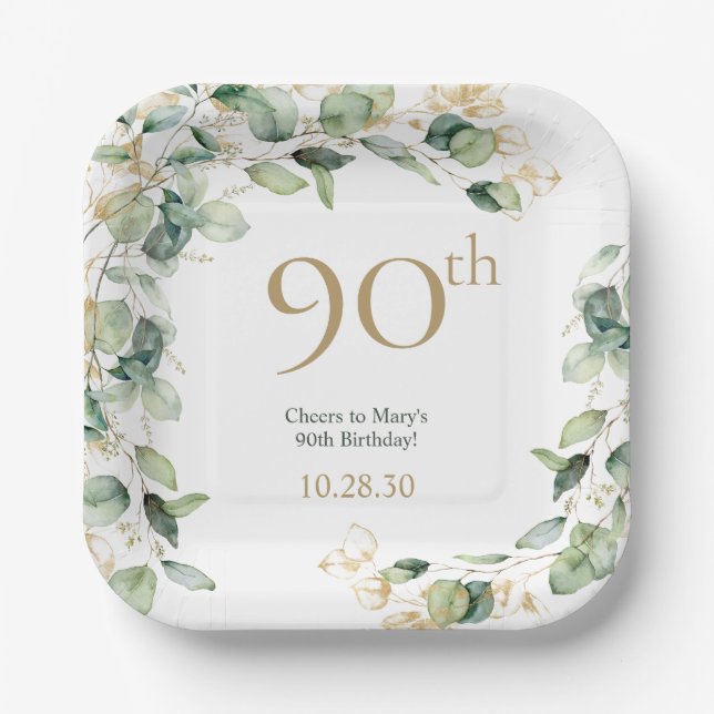 90th Birthday Eucalyptus Paper Plates (Front)