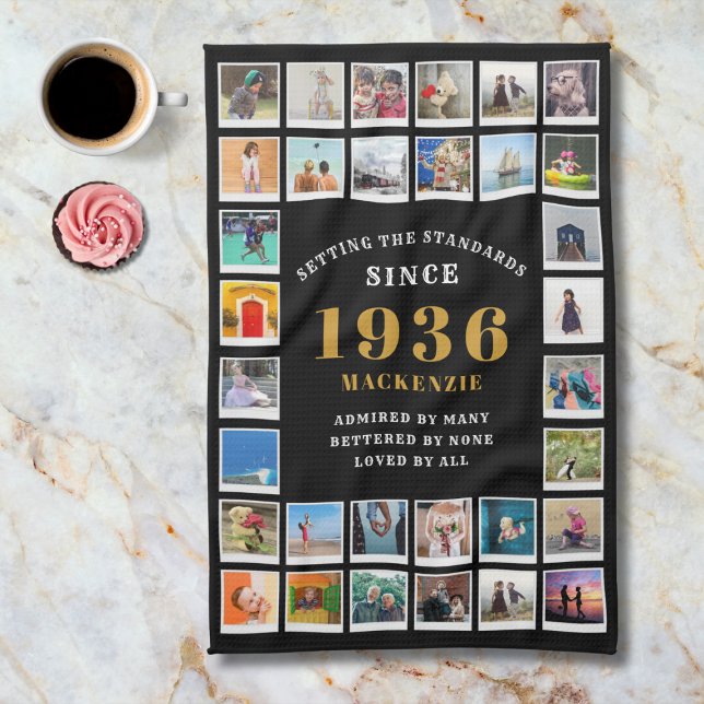 90th Birthday Family Memories Photo Collage  Kitchen Towel (1936 tea towel. Background marble worktop.)