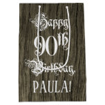 [ Thumbnail: 90th Birthday: Fancy, Faux Wood Look + Custom Name Gift Bag ]
