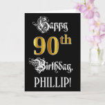 [ Thumbnail: 90th Birthday — Fancy Script; Faux Gold Look; Name Card ]