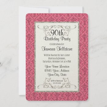 90th Birthday Faux Gold Glitter Damask Pattern Invitation by ModernStylePaperie at Zazzle