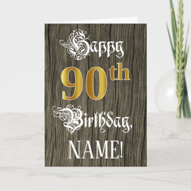 90th Birthday: Faux Gold Look + Faux Wood Pattern Card (Front)