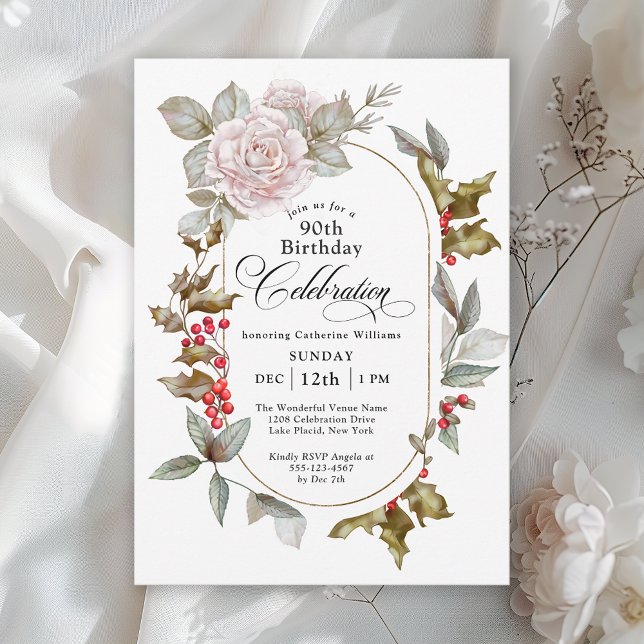 90th Birthday Feminine Floral December Winter Invitation (Available in both printed and instant download digital formats.)