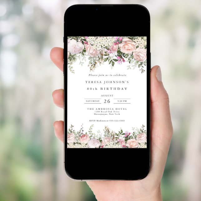 90th Birthday Feminine Pink Roses Floral  Invitation (Front Digital)