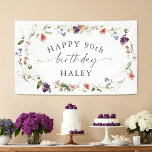 90th Birthday Feminine Wildflowers Floral Banner<br><div class="desc">A lovely choice in Birthday Party decor, this birthday banner has elegant feminine style. Your custom text is surrounded by a floral wildflowers wreath of mixed color flowers and wispy greenery. Personalize the template with the age and name of the guest of honor. You can also use this banner template...</div>