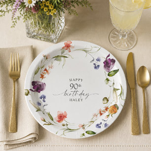 90th Birthday Feminine Wildflowers Floral Paper Plates