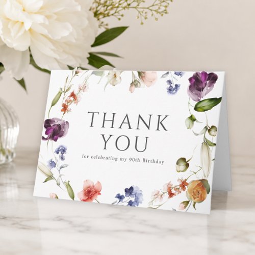 90th Birthday Feminine Wildflowers Floral Thank You Card
