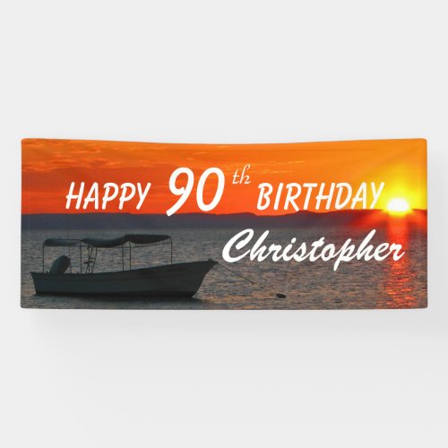 90th Birthday Fishing Boat Orange Sunset Name Banner