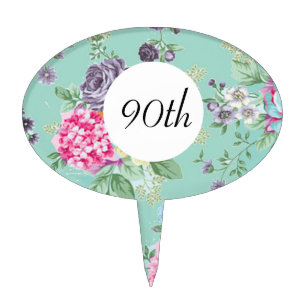 90th Birthday Floral Birthday Blue Cake Topper