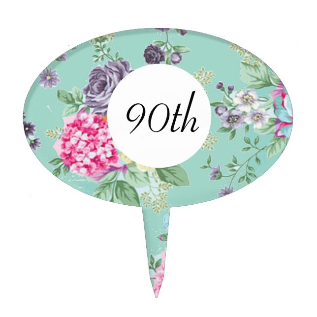 90th Birthday Floral Birthday Blue Cake Topper (Front)