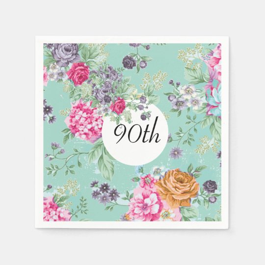 90th Birthday Floral Birthday Blue Napkins
