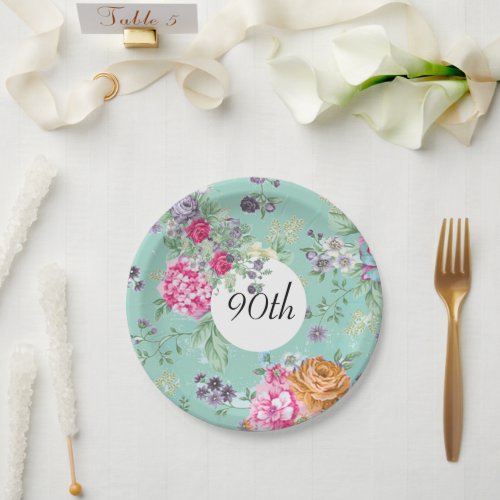 90th Birthday Floral Birthday Blue Paper Plates