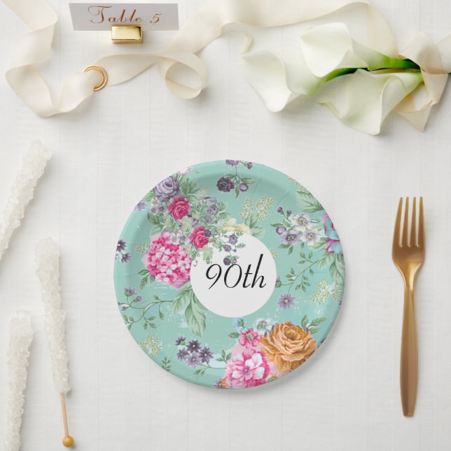 90th Birthday Floral Birthday Blue Paper Plates (Wedding)