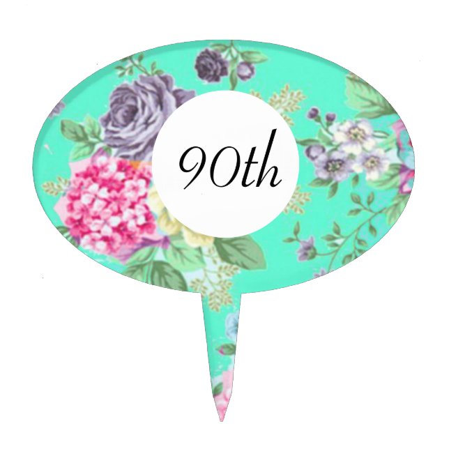 90th Birthday Floral Birthday Green Cake Topper (Front)
