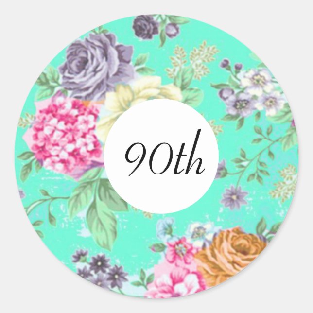 90th Birthday Floral Birthday Green Classic Round Sticker (Front)