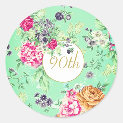 90th Birthday Floral Birthday Green Gold Classic Round Sticker