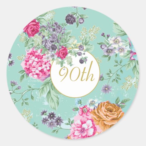 90th Birthday Floral Birthday Green Gold Classic Round Sticker