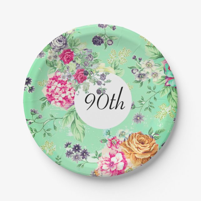 90th Birthday Floral Birthday Green Paper Plates (Front)