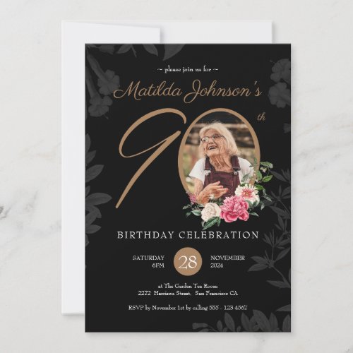 90th Birthday Floral Black Gold Botanical Custom  Invitation