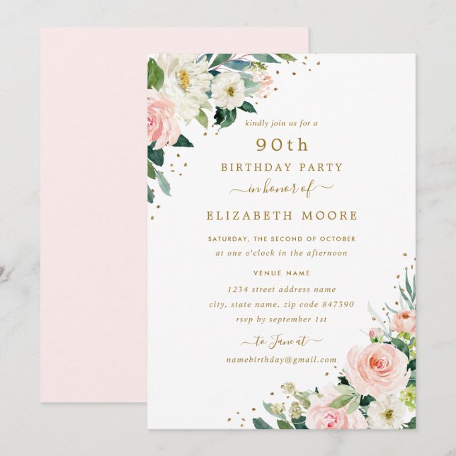 90th Birthday Floral Blush Gold Invitation (Front/Back)