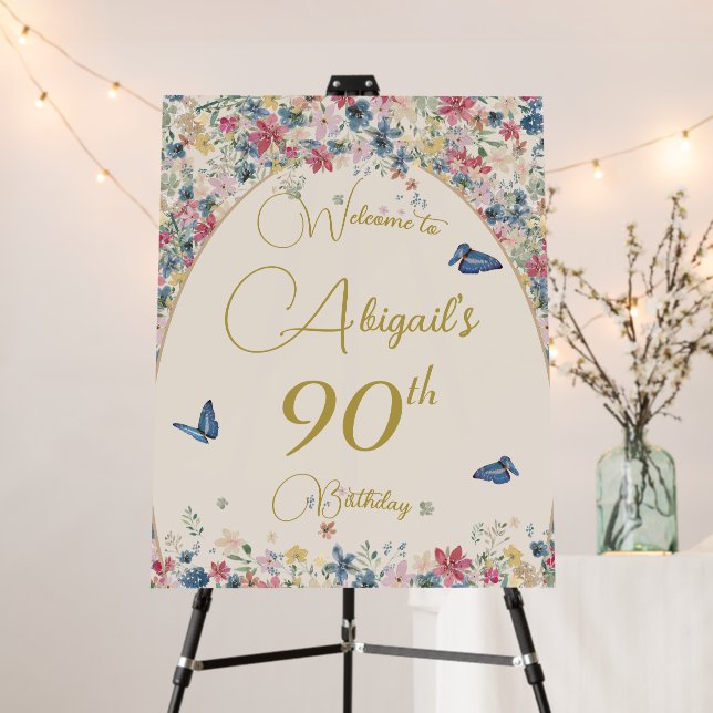 90th Birthday Floral Butterfly Elegant Personal Foam Board (In Situ (Stand))