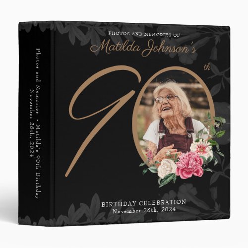 90th Birthday Floral Chic Black Gold Custom Photo  3 Ring Binder