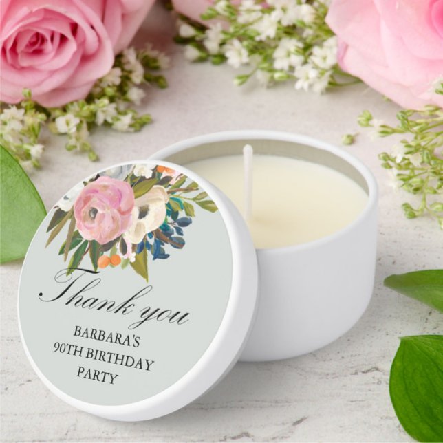90th Birthday Floral Favor Thank you Name Date Mini Candle Favors (Creator Uploaded)