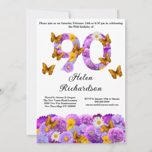 90th Birthday floral flowers butterfly modern Invitation