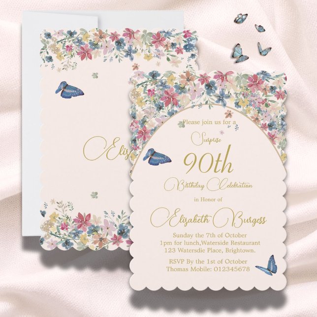 90th Birthday Floral Flowers Elegant  Invitation (Creator Uploaded)