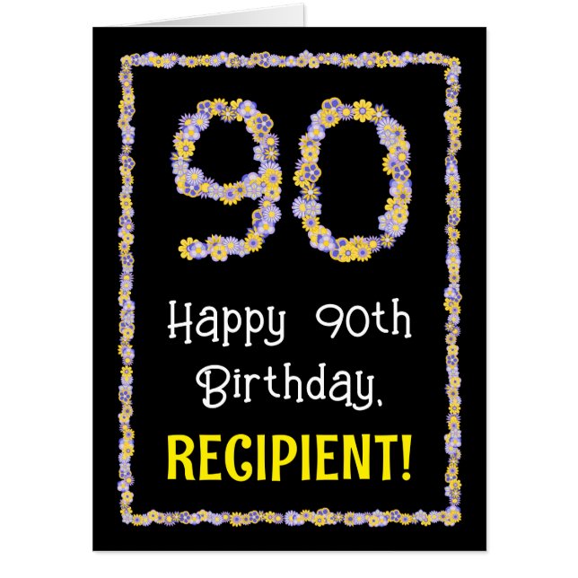 90th Birthday: Floral Flowers Number “90” + Name Card (Front)