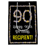 [ Thumbnail: 90th Birthday: Floral Flowers Number, Custom Name Gift Bag ]
