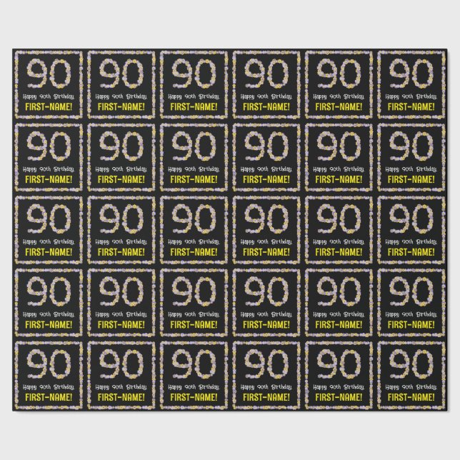 90th Birthday: Floral Flowers Number, Custom Name Wrapping Paper (Seam)