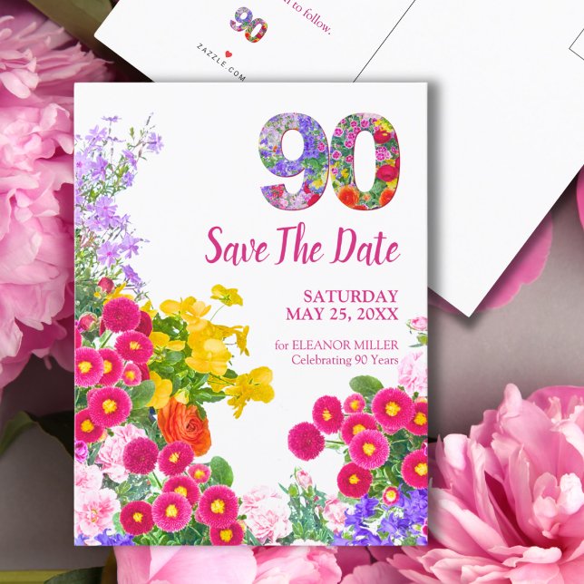 90th Birthday Floral Garden Save the Date Announcement Postcard (Creator Uploaded)