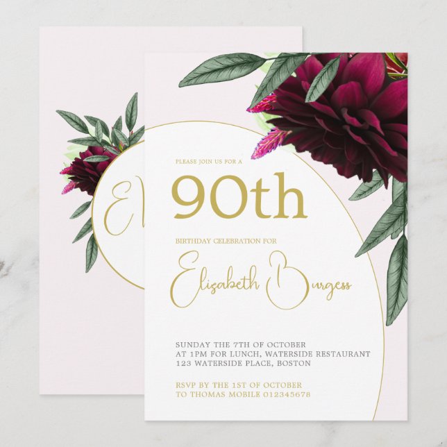 90TH Birthday Floral Gold Monogram Elegant  Invitation (Front/Back)