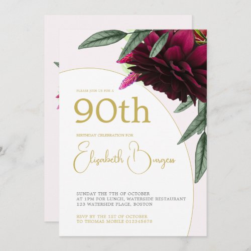 90TH Birthday Floral Gold Monogram Elegant  Invitation