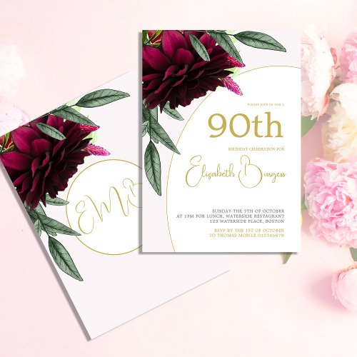 90TH Birthday Floral  Gold White Elegant Birthday Invitation