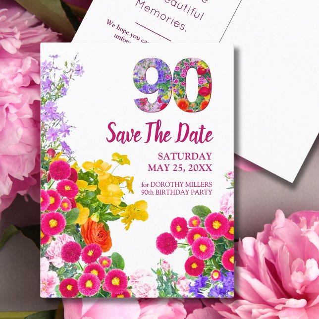 90th birthday floral modern Save The Date postcard (Creator Uploaded)