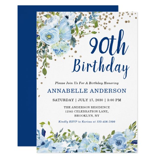 90th Birthday Floral Navy Blue Gold Glitter Dots Invitation | Zazzle.com