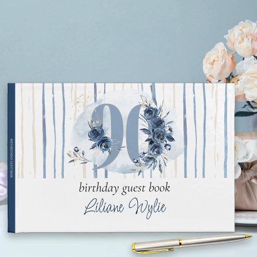 90th Birthday Floral Number Coastal Blue Guest Book