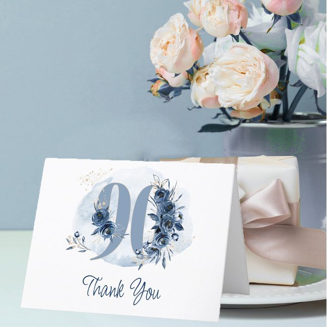 90th Birthday Floral Number Coastal Blue Thank You Card (90th Birthday Thank You card from my Floral Number Birthday Party Collection)