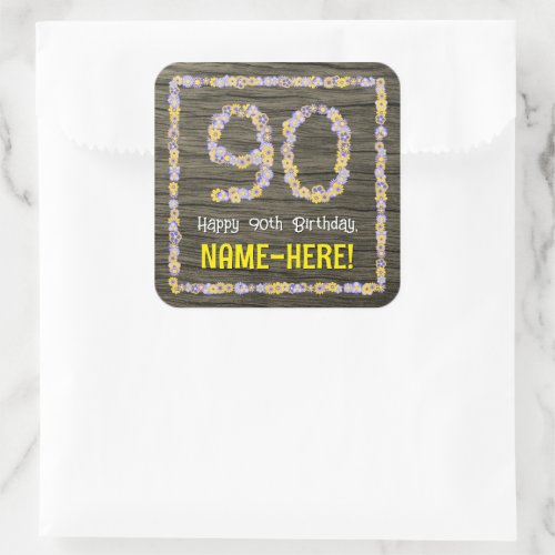 90th Birthday Floral Number Faux Wood Look Name Square Sticker